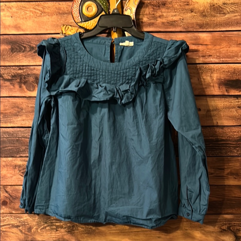 Jodiel Blue and Greenish Smocked Ruffled Long Sleeve Blouse